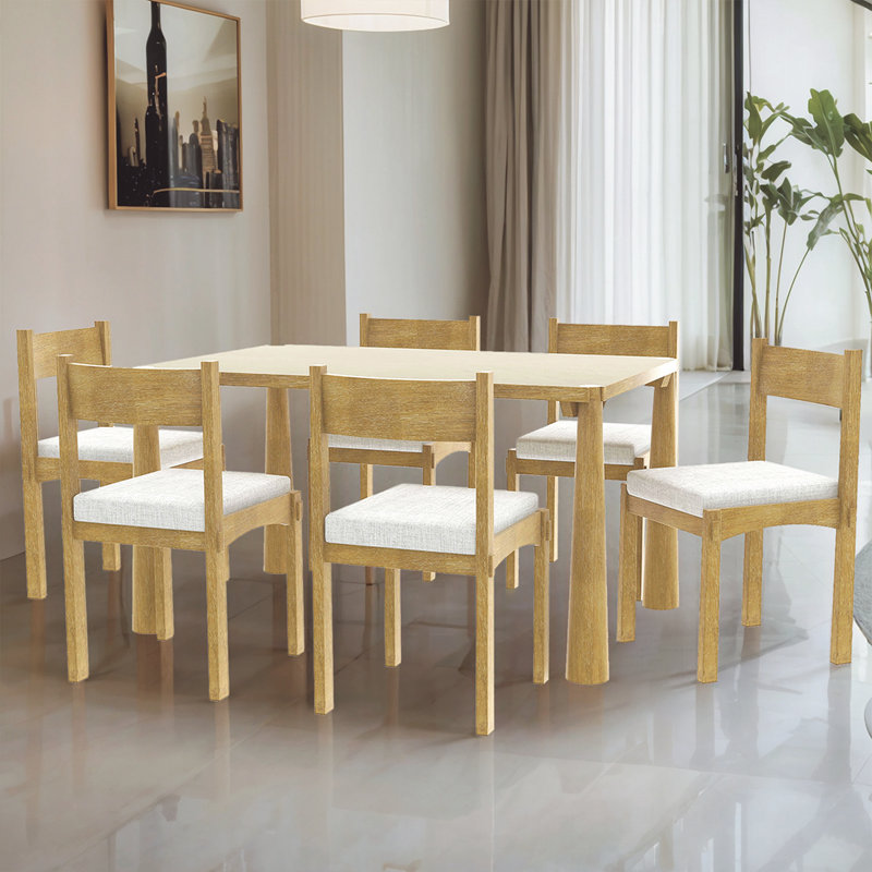 Ensemble de table de salle à manger d'inspiration Mid-Century 7 pièces - Mobilier de salle à manger en bois massif avec chaises rembourrées