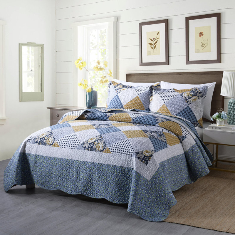 Ensemble de courtepointe réversible en microfibre bleu B73 3 pièces, Courtepointe très grand et 2 très grandes taies
