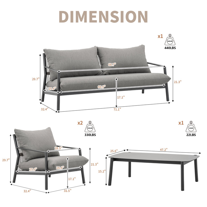 4 Pieces Patio Furniture Sets Outdoor Conversation Set All Weather Rope Wicker Sofas Patio Aluminum Couch,Grey
