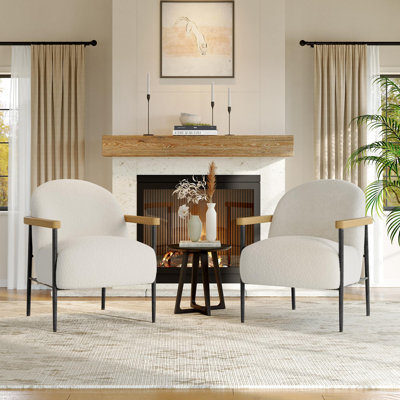 Modern Accent Chair Set of 2 with Wood Armrests, Metal Frame & Adjustable Feet – Cozy Teddy Fabric Armchair