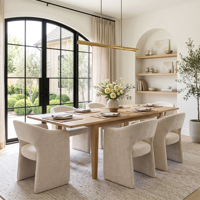 Ensemble de table de salle à manger extensible en placage de bois 72"–104" avec 6 fauteuils en chenille, Beige