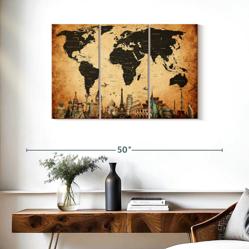 Carte du monde rétro, impression sur toile, H 38 po x l 24 po x P 1,25 po