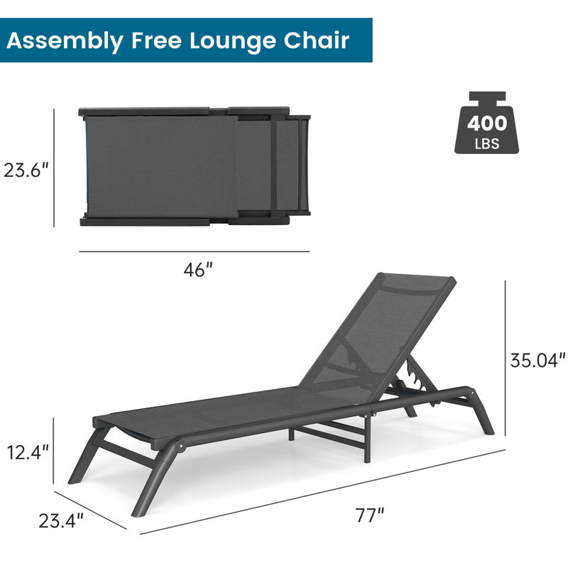 Set of 2 Aluminum Chaise Lounges, Foldable No Assembly, Lightweight Water-Resistant Patio Chairs, 400 lbs, Dark Grey-2 Pcs
