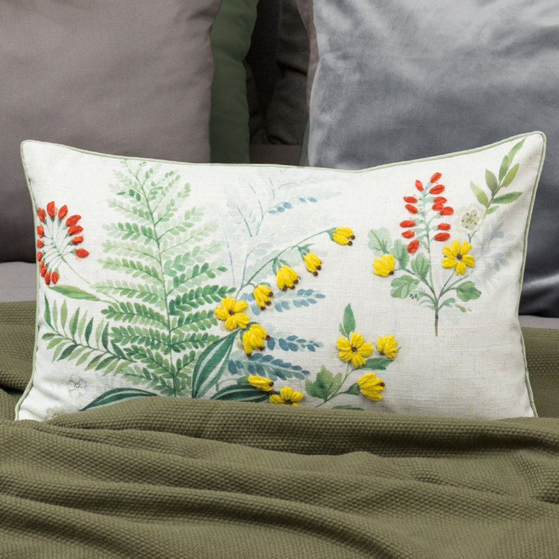 Housse de coussin décorative en lin à motif de feuilles décoratives 3D, Blanc / vert / rouge / jaune, H 12 po x l 20 po
