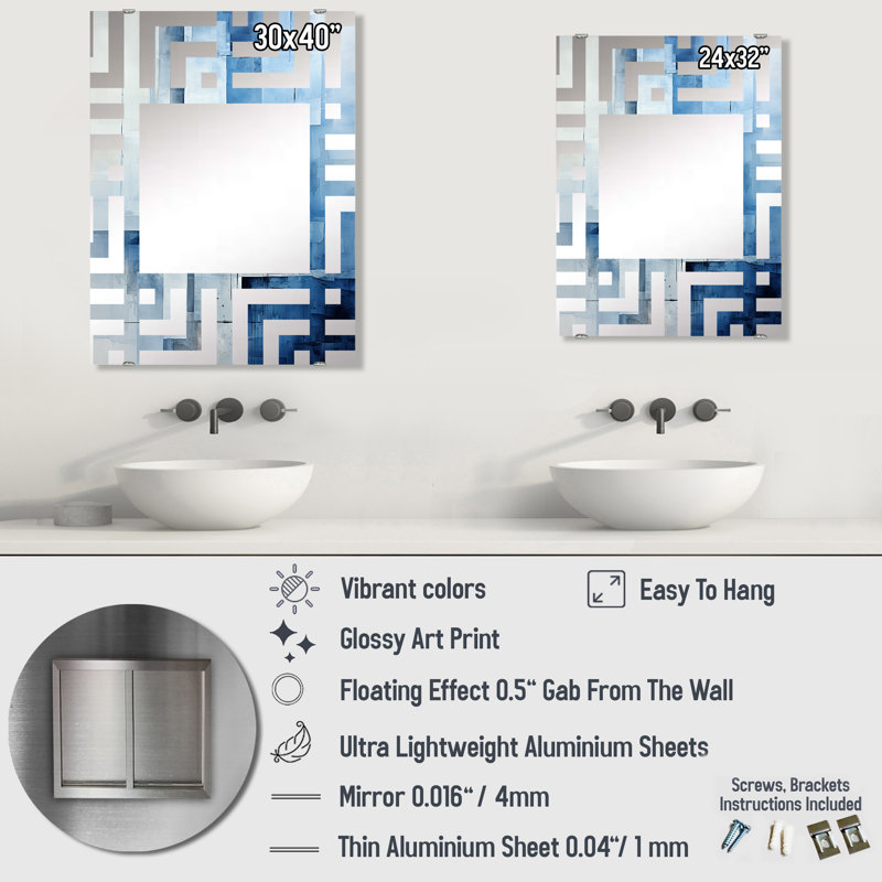 White and blue Nautical Geometry collage - Coastal Minimalism Wall Mirror, 40" x 30"