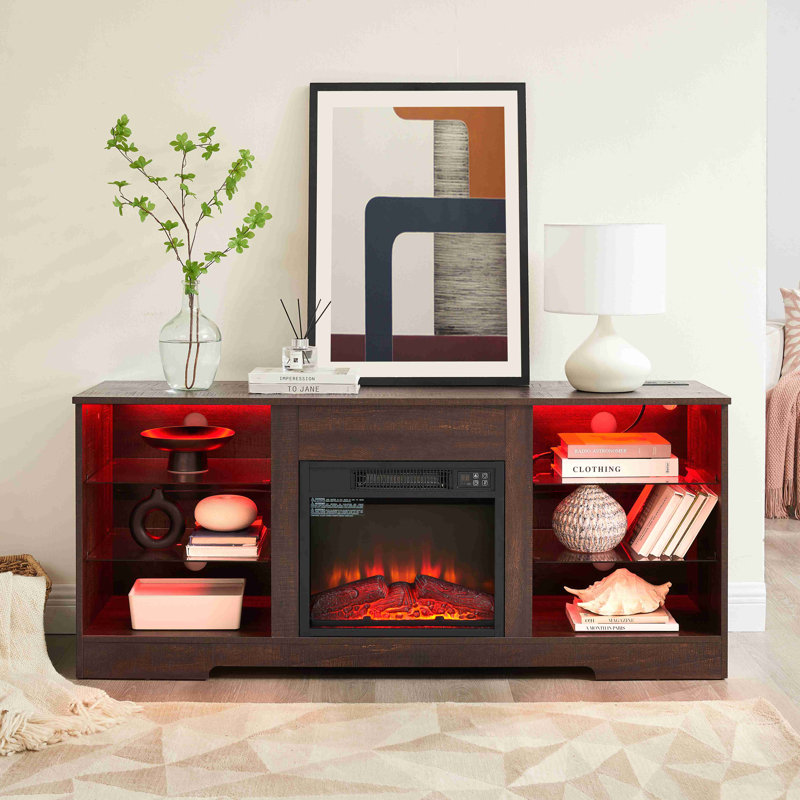 TV Stand Electric Fireplace Glass Shelves, 3D Fireplace TV Stand With LED Lights Wood With USB Charging Outlet Modern Television Table Center For TV Up To 62" ESP, 58''W*15.5''D*24.4