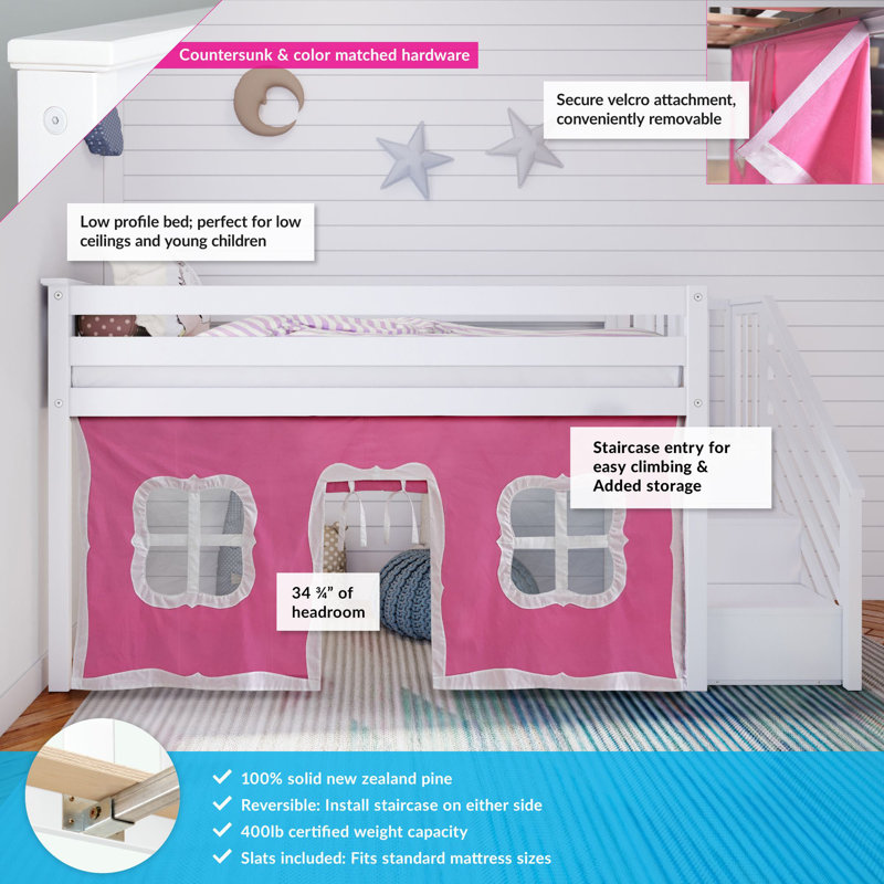 Glyndon Kids Twin Loft Bed with Stairs and Play Curtain, White, Pink
