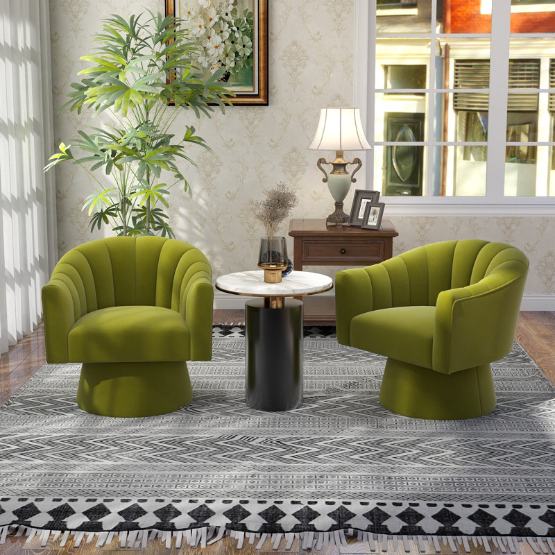 Iryanna 25.2'' Wide Tufted Swivel Barrel Chair, Light Green Velvet, 2