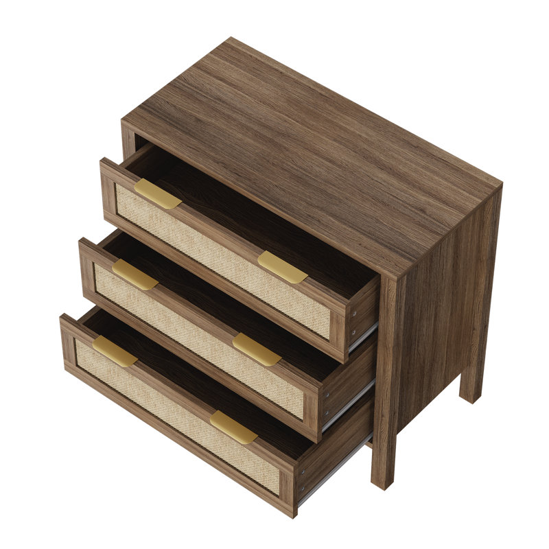  Commode 3 tiroirs l 32,2 po pour chambre à coucher, commode avec rangement en rotin, Brun, H 29,1 po x l 32,2 po x P 15,7 po