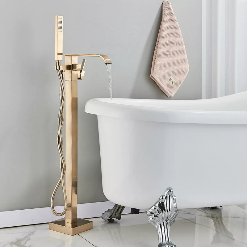 Modern Luxury Brushed Gold Freestanding Bathtub Faucet - Floor Mount Tub Filler with Handheld Shower Head for Bathroom