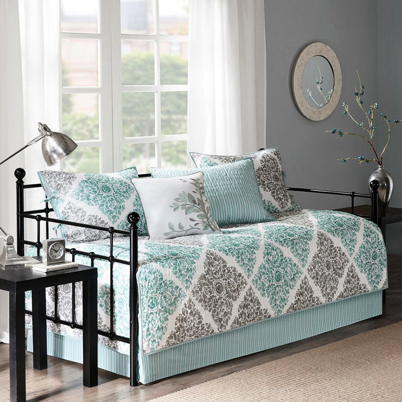 Housse de lit de jour - 6 pièces pour lit simple réversible, 3 taies décoratives, 1 coussin décoratif, housse, aspect moderne et frais