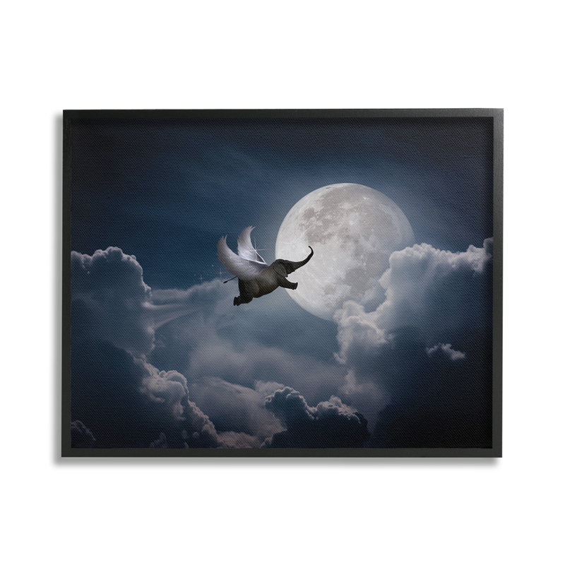 «Flying Elephant & Moon», art de la giclée encadrée par Noble Works, Giclée encadrée noir minuit, H 16 po x l 20 po