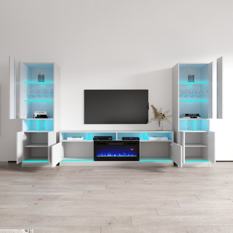 Meuble audio-vidéo pour téléviseur de 75 po ou moins avec foyer électrique Alexin, Blanc / noir