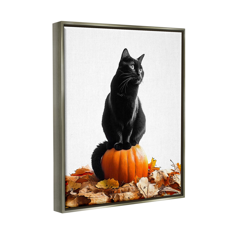 Chat noir et citrouille sur toile par Annalisa Latella, Cadre flottant gris lustré, H 31 po x l 25 po x P 1,7 po