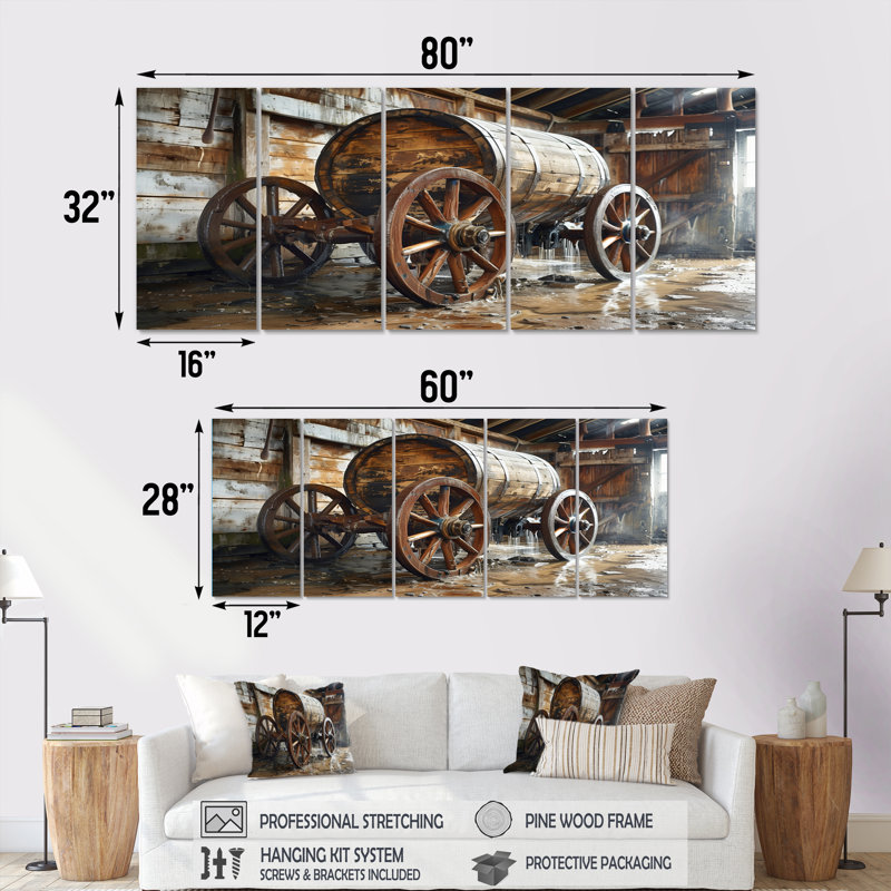 Brown Rustic Barrels Charm IV - Rustic Canvas Wall Art Set, 28" H x 60" W
