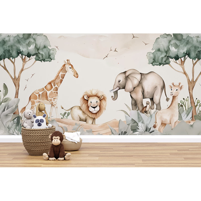 Murale de chambre de bébé Safari | Papier peint animaux de la jungle, chambre d'enfant, L 120 po x l 80 po