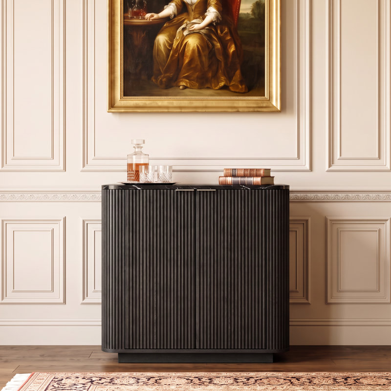 Buffet cannelé avec plateau en faux marbre, H 30,7 po x l 31,5 po x P 15,8 po, Noir