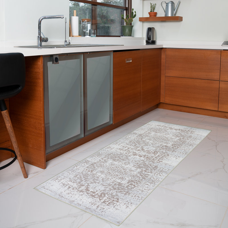 Machine Washable Area Rug With Non Slip Backing Modern Floral Traditional Abstract Beige & Creme Design, Runner 2'2" x 6'