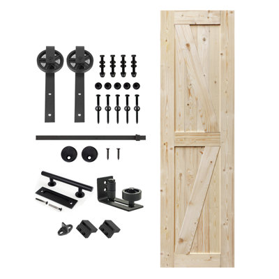 Unfinished British Brace Knotty Barn Door with Sliding Hardware Kit/Solid Wood/Double Surfaces/Unfinished Barn Door /Big Wheel
