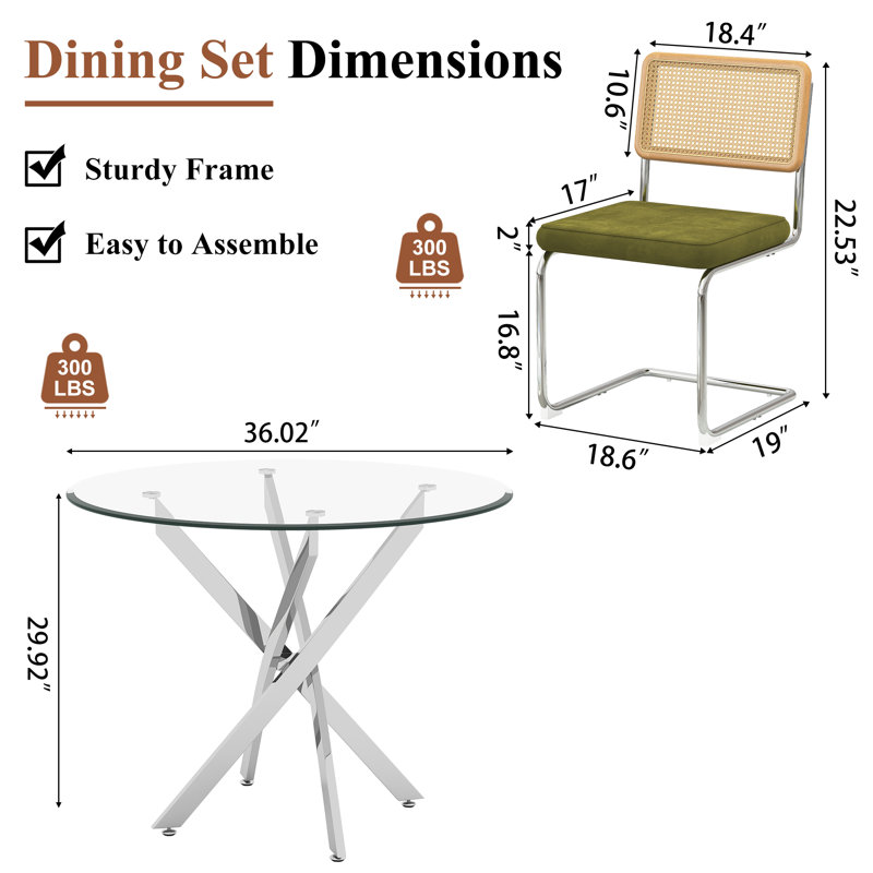 3-Piece Round Glass Dining Set, 36" Tempered Glass Top With Mirror Stainless Steel Base, 2 C-Frame Rattan Chairs, Green