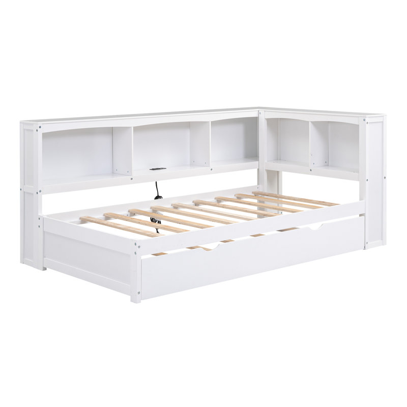 Lit de jour simple avec lit gigogne, armoires de rangement et ports USB, Blanc