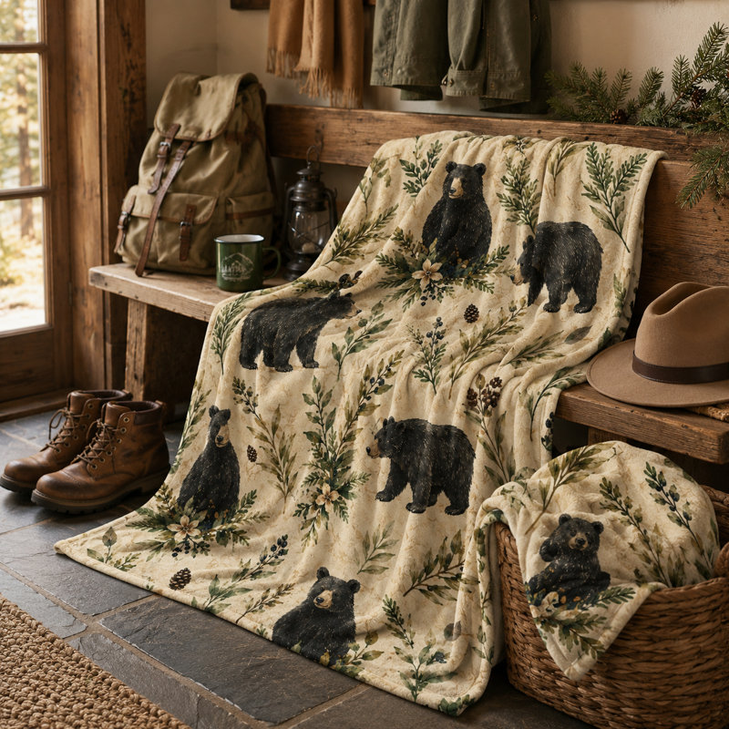 Couverture en flanelle Botanical Black Bear
