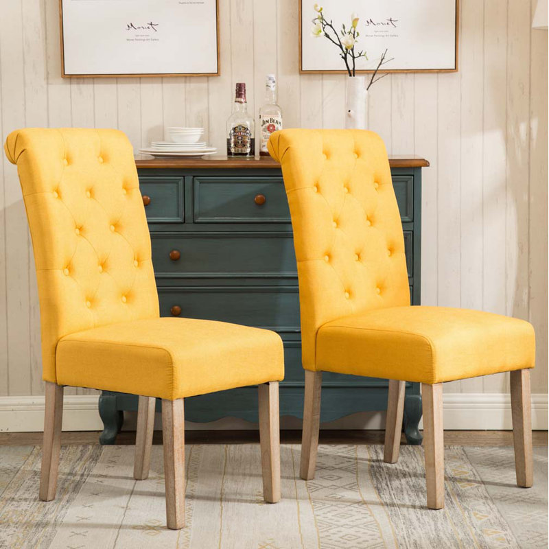 Ensemble de chaises de salle à manger rembourrées en polyester avec dossier capitonné et pieds en bois, Jaune