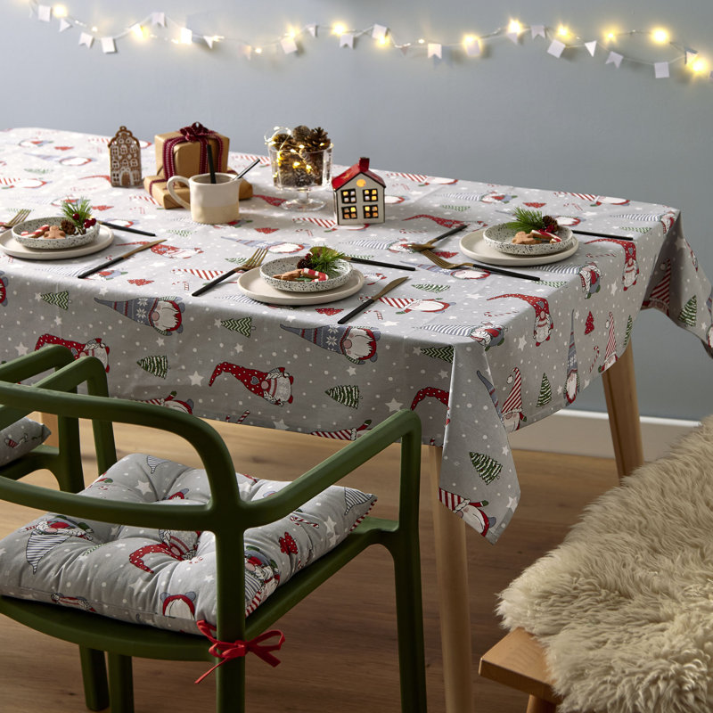 Christmas Gnomes Cotton Table Cloth Grey/ Red, 132cm W x 178cm L