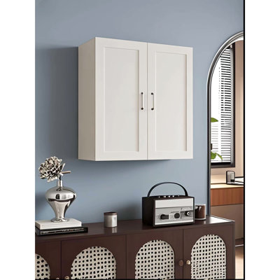 Armoire murale à double porte en bois massif blanc pour la salle de bain de la cuisine, tablettes réglables, caoutchouc, silencieux et rangement, finition laquée, fabrication