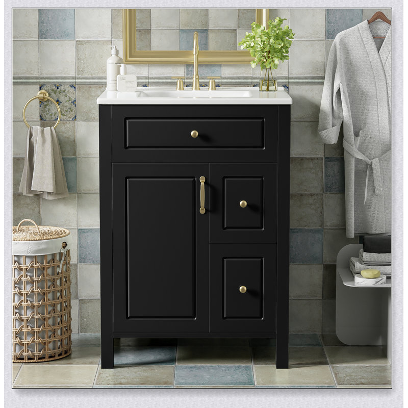 Meuble-lavabo de 24 pouces avec lavabo en céramique, 1 porte à fermeture en douceur, 2 tiroirs à fermeture en douceur et 2 supports de rangement sur la porte