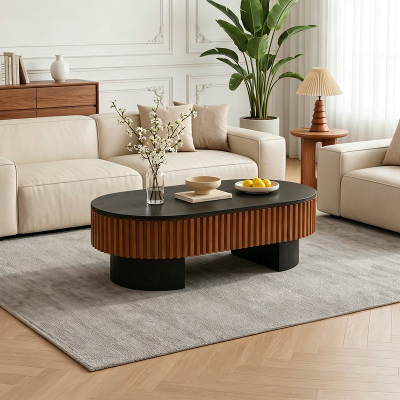 Table basse ovale en bois massif avec plateau amovible et rangement caché, parfaite pour le salon, le bureau ou le bureau