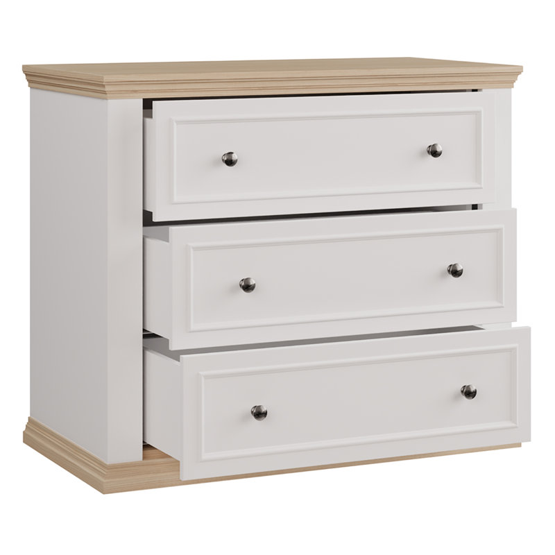 Modern Cottage Style Chest of Drawers, 3 Large Drawers, Engineered Wood, White/Light Oak Decor, 105.5 cm W x 90.5 cm H x 54.9 cm D