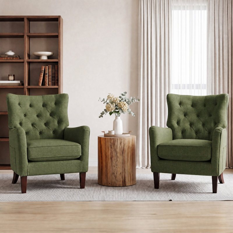 Button-Tufted Horn-Back Armchair, Accent Chair with Padded Cushion, Side Pocket and Solid Wood Legs (Set of 2), Green