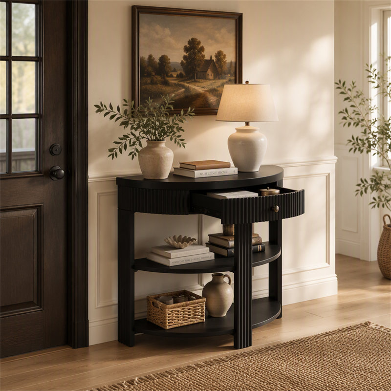 Console cannelée demi-lune avec tiroir et 2 tablettes pour le hall d'entrée, le salon et le couloir, Noir, Noir, Noir