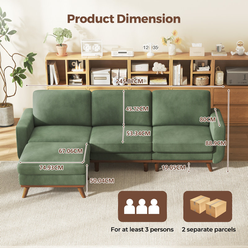 Modular Corner Sofa, L-shaped Couch With Movable Ottoman, Comfy Corduroy Couch With Spring Cushion, Green