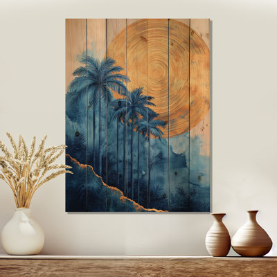 Aqua Palm Trees On Golden Tropical Sunrise - Palms & Palm Trees Wood Wall Art - On Natural Pine Wood