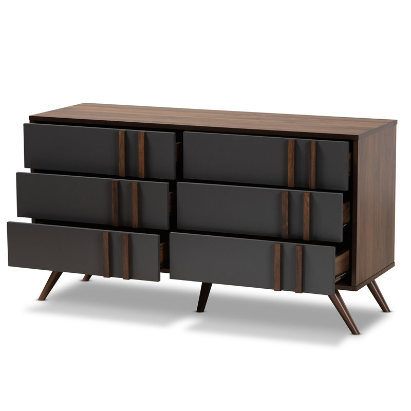 Commode de chambre à coucher à 6 tiroirs moderne et contemporaine Naoki, gris / noyer, H 3 po x l 20,2 po x P 10,6 po