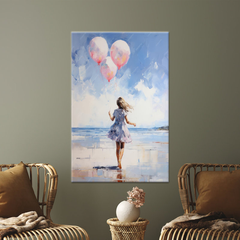 "Blue Beach", reproduction d'art sur toile, fille avec des ballons, toile noire encadrée 1P, 63,1 po H x 39,4 po l
