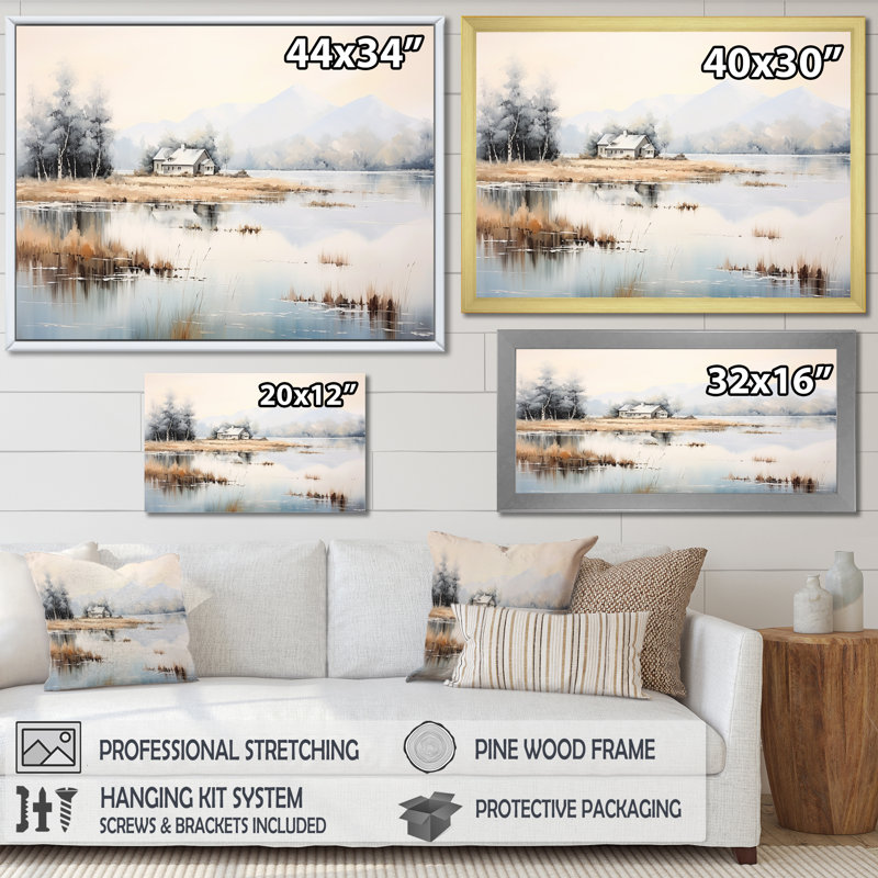 «Scenic Lake House Tranquility II», reproduction sur toile, H 30 po x l 40 po x P 1,5 po, Cadre simple argenté