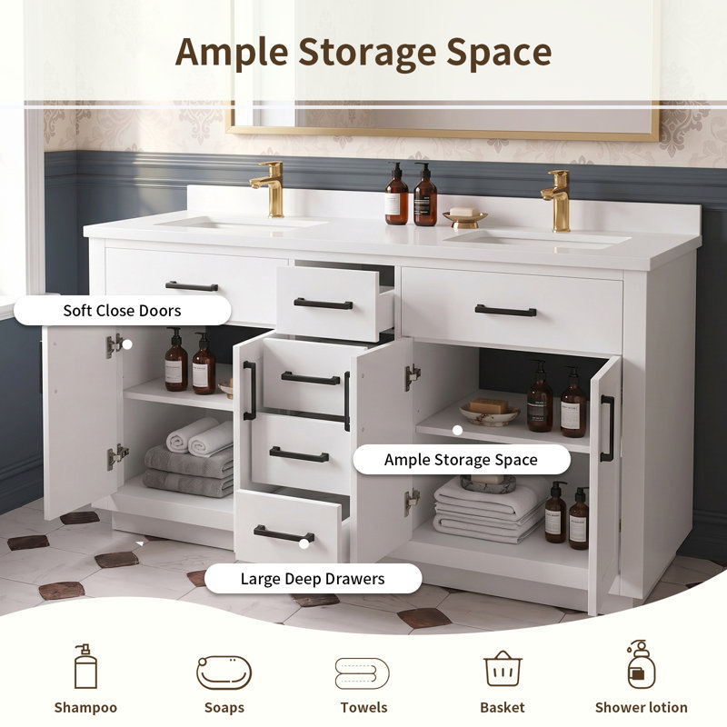 60" Ready-To-Use Bathroom Vanity With CUPC Certified Ceramic Undermount Sink, White