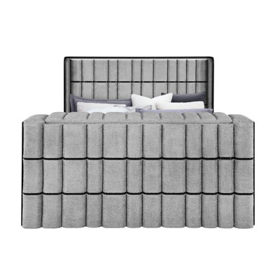 Grey King Bed With 50" Tv Lift, Built - In Speakers, Led , Fireplace In , Contemporary Upholstered Frame