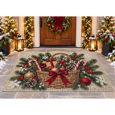 5' x 7' Outdoor Area Rug Christmas Basket Candy Cane Pine Heavyweight Waterproof PVC Coil Loop Carpet, Heavy Duty Patio Rug, Quick Dry Indoor Outdoor Mat for Porch Deck Balcony Entryway