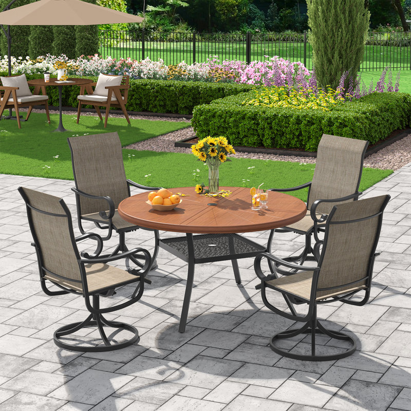 4-Person Outdoor Round Dining Set With Swivel Chairs, Walnut/Brown