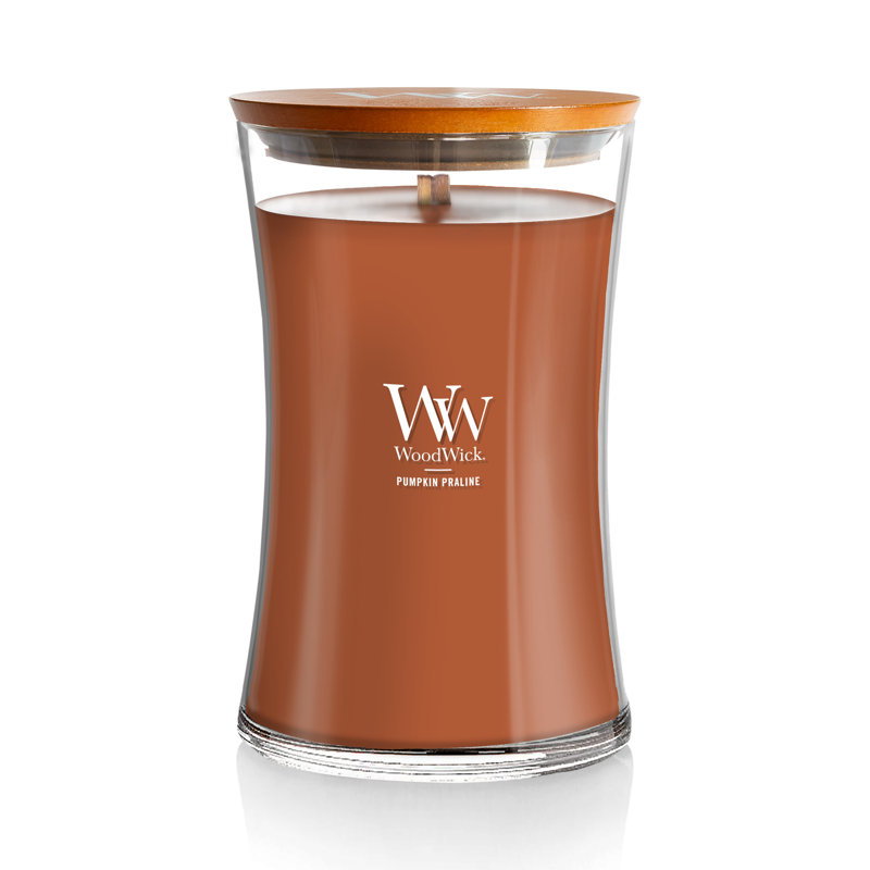 Grande bougie sablier WoodWick® Praline, Flamme dorée