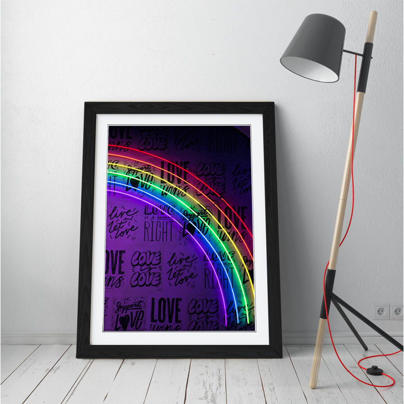 Neon Lights Rainbow Love - Print on Canvas, 89cm H x 64cm W x 2cm D, Black Framed
