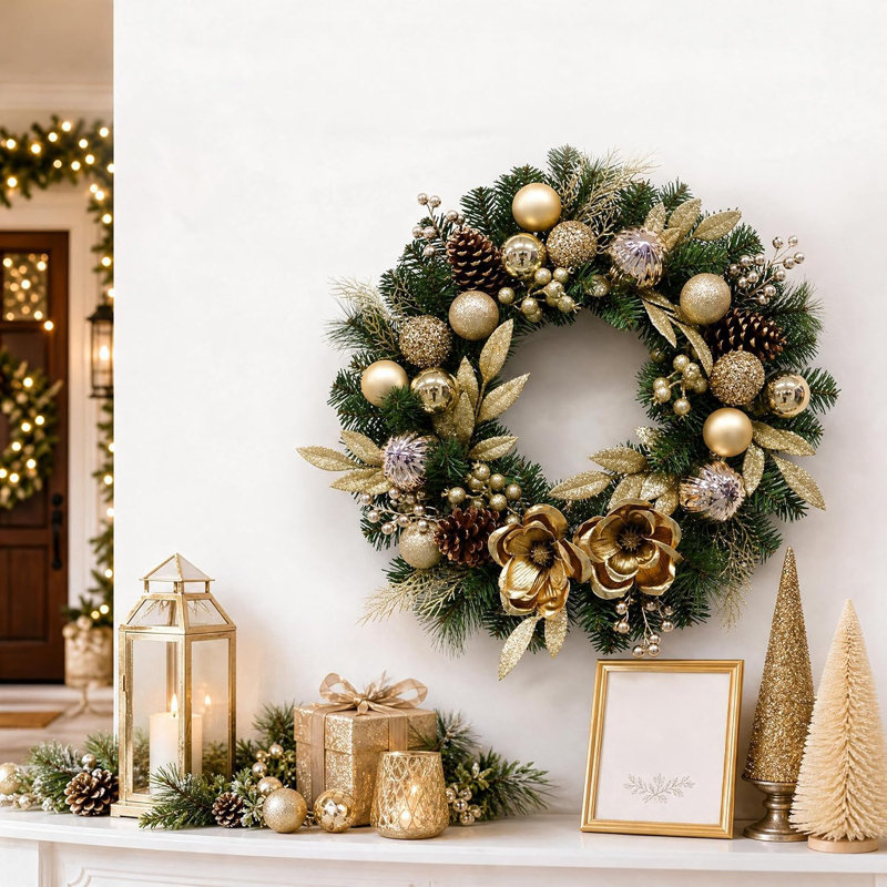 Couronne de Noël artificielle 24 po Aplition avec fleurs de magnolia doré champagne