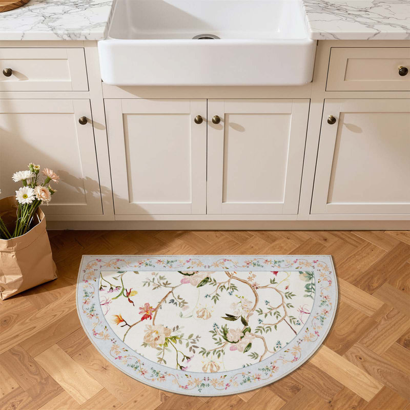 Tapis floral chinois rétro antidérapant, Beige/bleu, Half-circle 1'11" x 3'