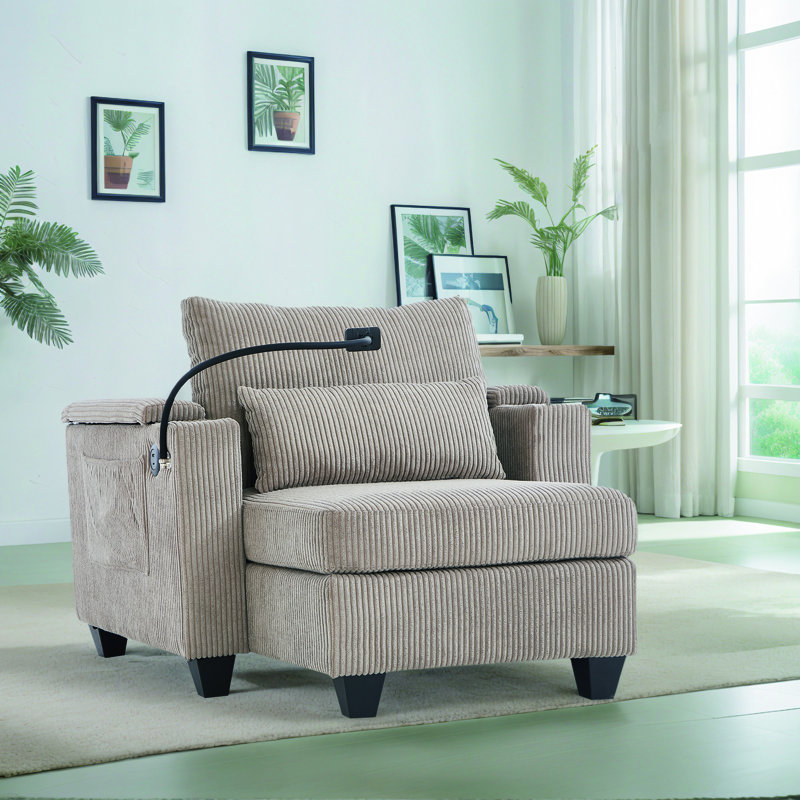 Canapé-lit convertible en velours côtelé peu encombrant avec rangement pour accoudoirs, ports USB et poches latérales, porte-gobelets et porte-téléphone