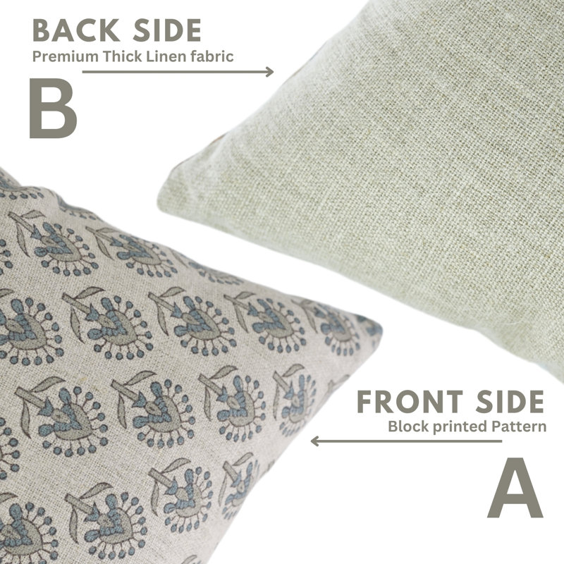 Coussin en tissu imprimé à la main Fabivine - Gurukul, Imprimé bloc bleu / floral 1, Rectangulaire H 20 po x l 12 po