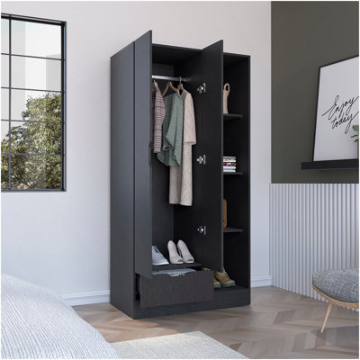 Armoire 71H "avec 1 tiroir et 4 tablettes ouvertes à 2 niveaux, 2 portes, noir
